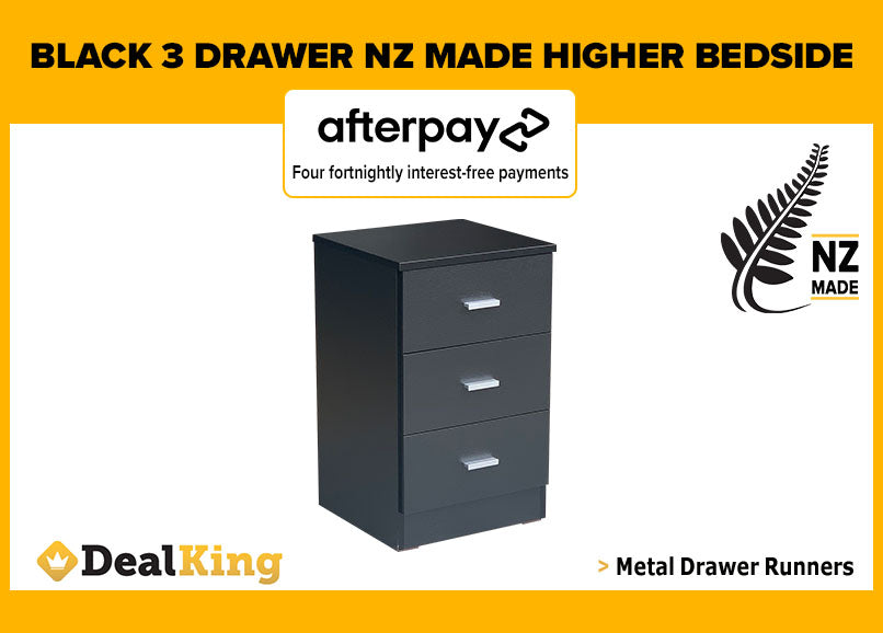 3 DRAWER FULLY ASSEMBLED NZ MADE HIGHER BEDSIDE BLACK