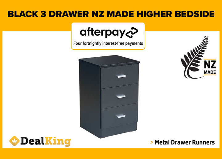 3 DRAWER NZ MADE HIGHER BEDSIDE BLACK