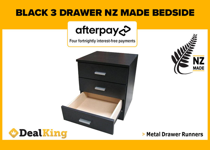 3 DRAWER FULLY ASSEMBLED NZ MADE BEDSIDE BLACK