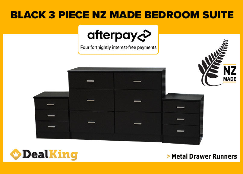 3PC FULLY ASSEMBLED NZ MADE BEDROOM SET BLACK