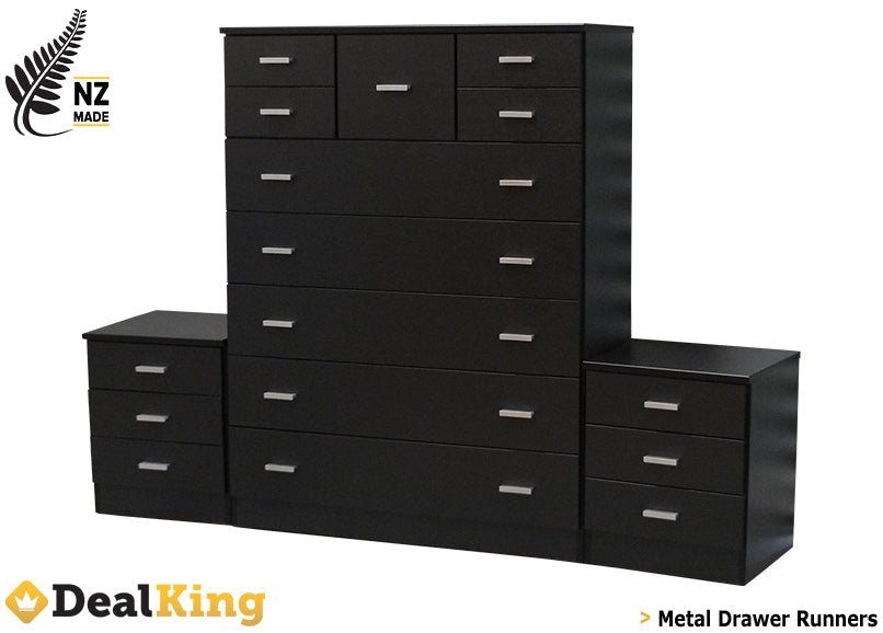 BLACK FULLY ASSEMBLED NZ MADE 3PC BEDROOM SUITE