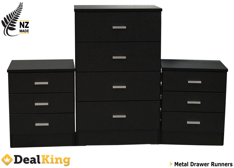 NZ MADE FULLY ASSEMBLED 3PC BEDROOM SET BLACK