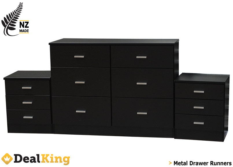 3PC FULLY ASSEMBLED NZ MADE BEDROOM SET BLACK