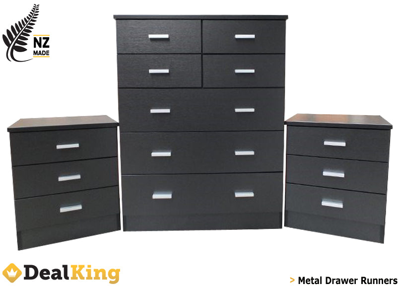 3PC FULLY ASSEMBLED NZ MADE BEDROOM SUITE BLACK