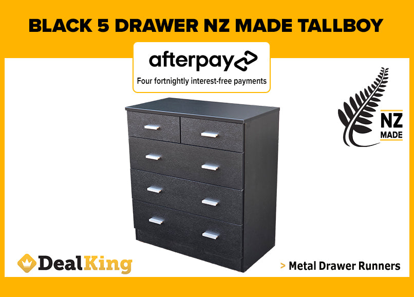 5 DRAWER FULLY ASSEMBLED NZ MADE TALLBOY BLACK