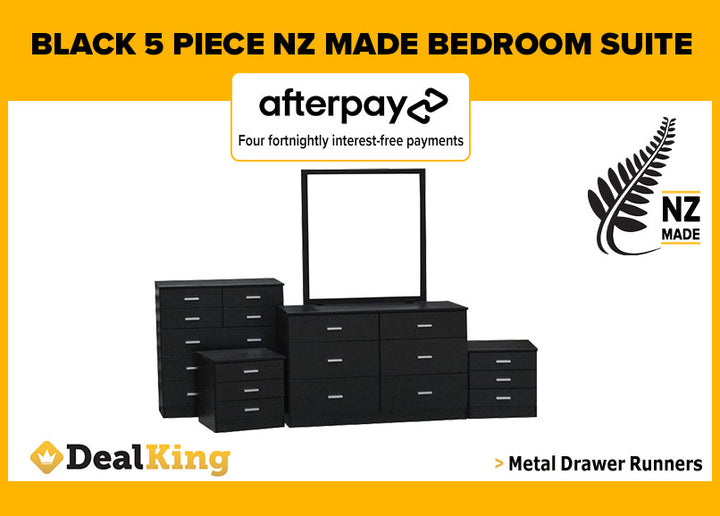 5PC FULLY ASSEMBLED NZ MADE BEDROOM SUITE BLACK