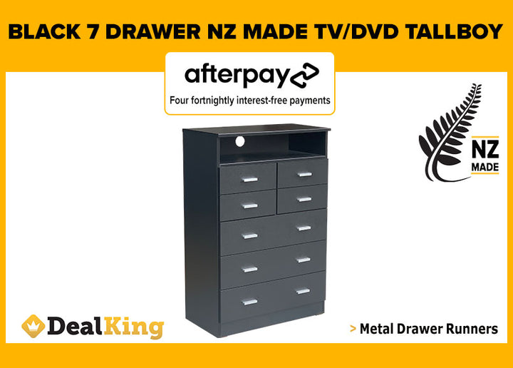 7 DRAWER FULLY ASSEMBLED TV/DVD NZ MADE TALLBOY BLACK