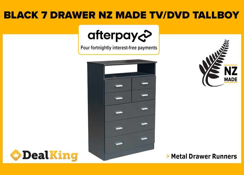 7 DRAWER FULLY ASSEMBLED TV/DVD NZ MADE TALLBOY BLACK