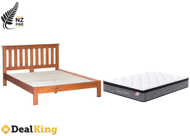 NZ PINE QUEEN SLAT BED + POCKET SPRING MATTRESS