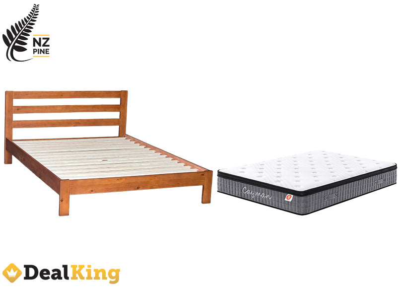 QUEEN NZ PINE SLAT BED + POCKET SPRING MATTRESS