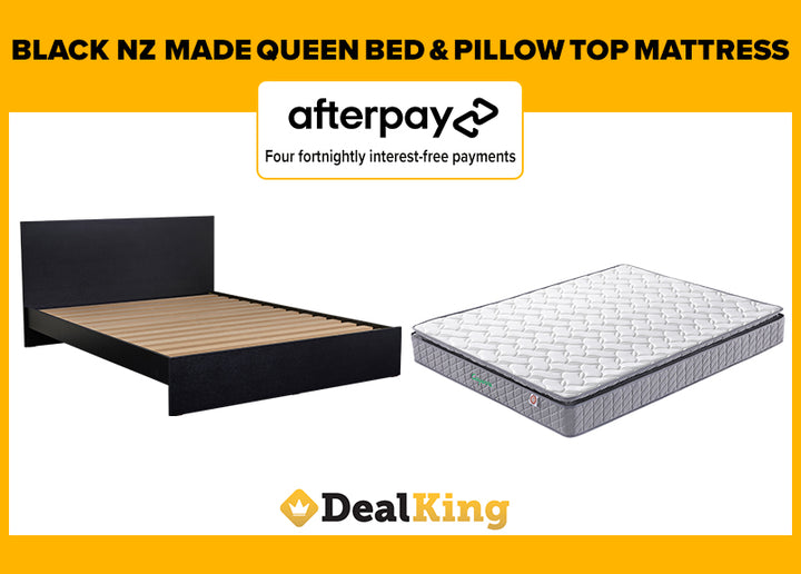 BLACK NZ MADE QUEEN SLAT BED + PILLOW TOP MATTRESS