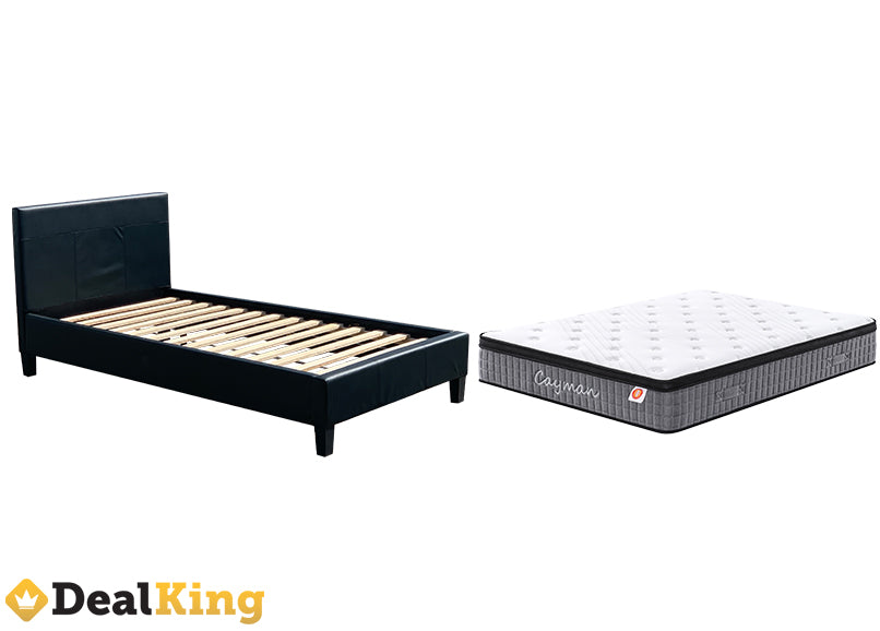 MONACO PU LEATHER SINGLE BED & POCKET SPRING MATTRESS BLACK