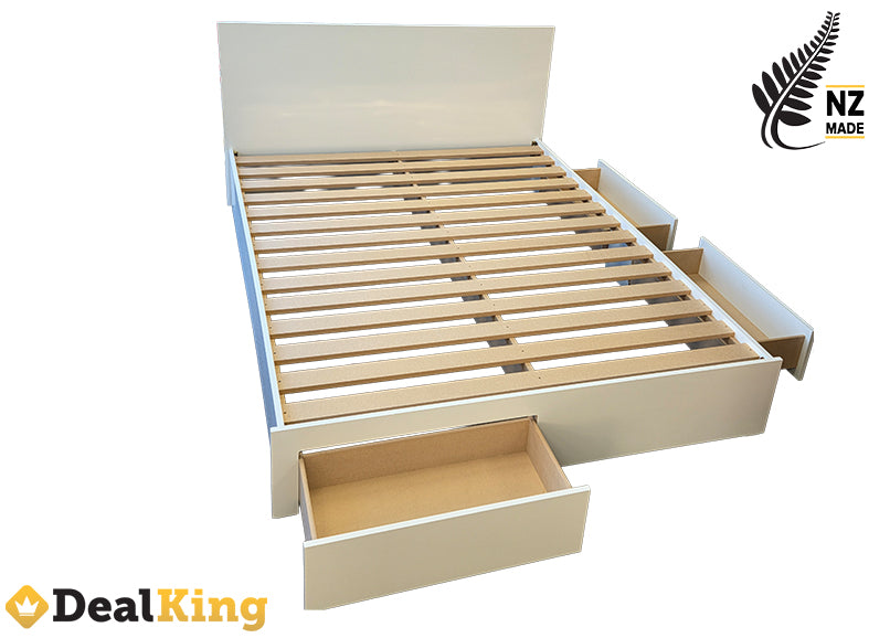 WHITE 3 DRAWER NZ MADE QUEEN SLAT BED