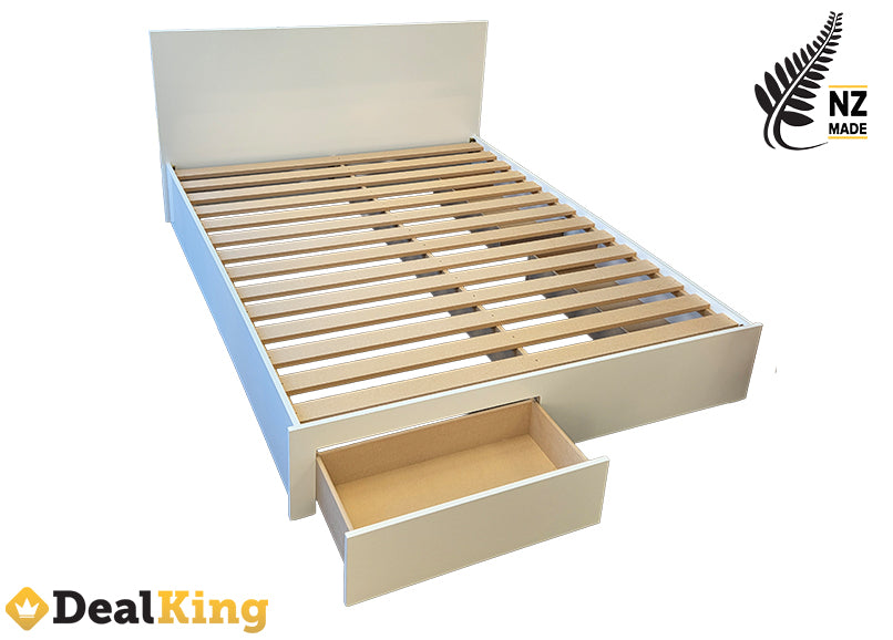 WHITE 3 DRAWER NZ MADE QUEEN BED & POCKET SPRING MATTRESS