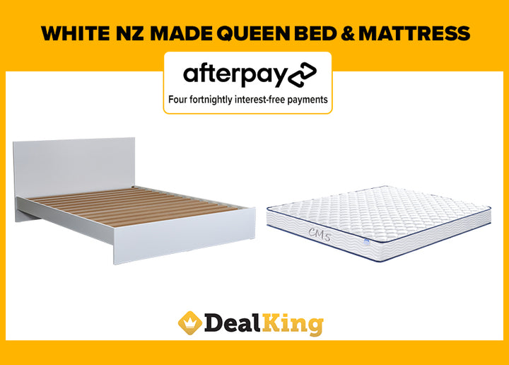 WHITE NZ MADE QUEEN SLAT BED + MATTRESS