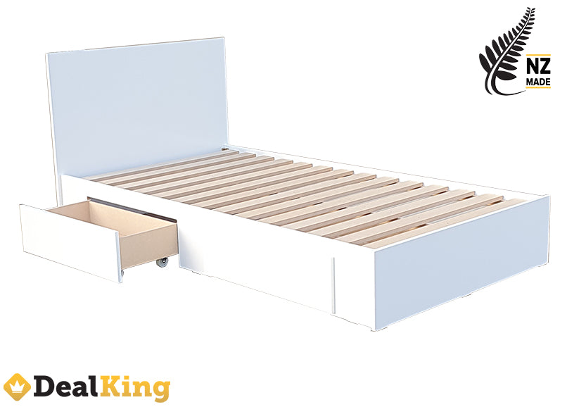 WHITE 2 DRAWER NZ MADE SINGLE SLAT BED