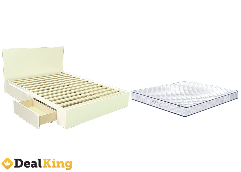 WHITE 2 DRAWER NZ MADE QUEEN SLAT BED & MATTRESS