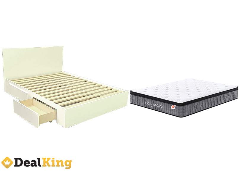 WHITE 2 DRAWER NZ MADE QUEEN BED & POCKET SPRING MATTRESS