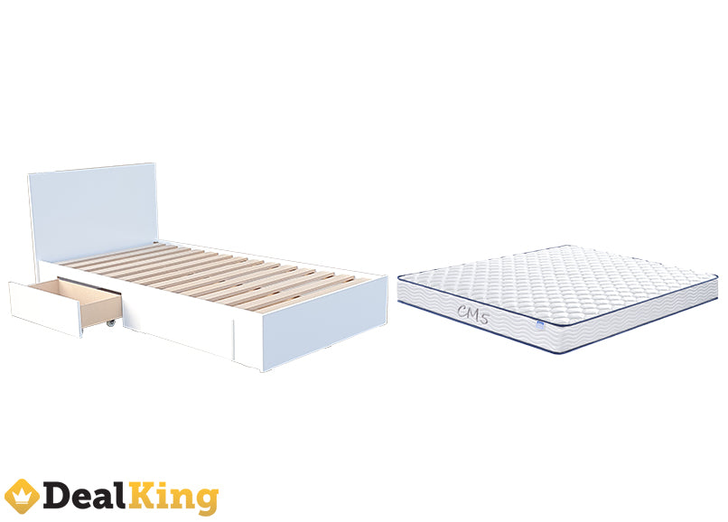 WHITE 2 DRAWER NZ MADE SINGLE SLAT BED & MATTRESS