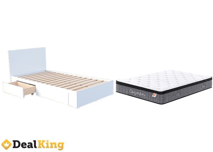 WHITE 2 DRAWER NZ MADE SINGLE BED & POCKET SPRING MATTRESS