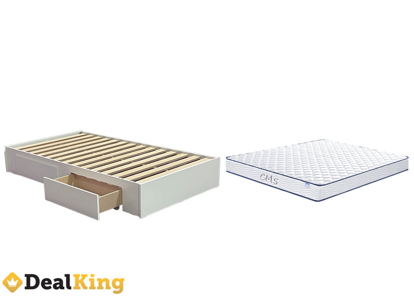 WHITE 2 DRAWER NZ MADE SINGLE SLAT BASE & MATTRESS