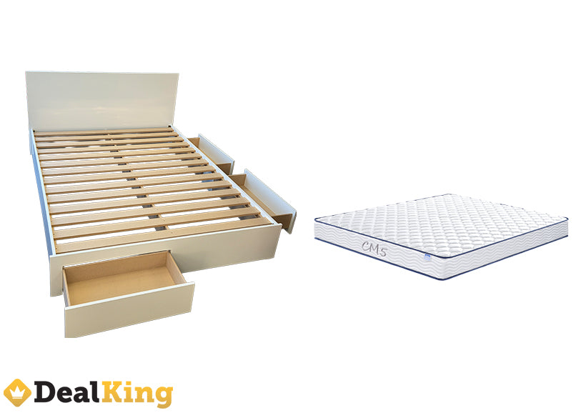 WHITE 3 DRAWER NZ MADE QUEEN SLAT BED & MATTRESS