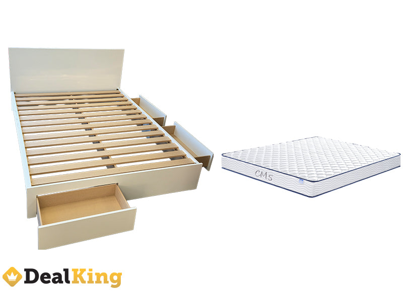 WHITE 3 DRAWER NZ MADE QUEEN SLAT BED & MATTRESS