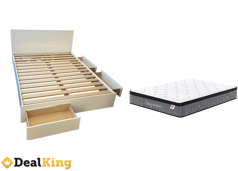 WHITE 3 DRAWER NZ MADE QUEEN BED & POCKET SPRING MATTRESS