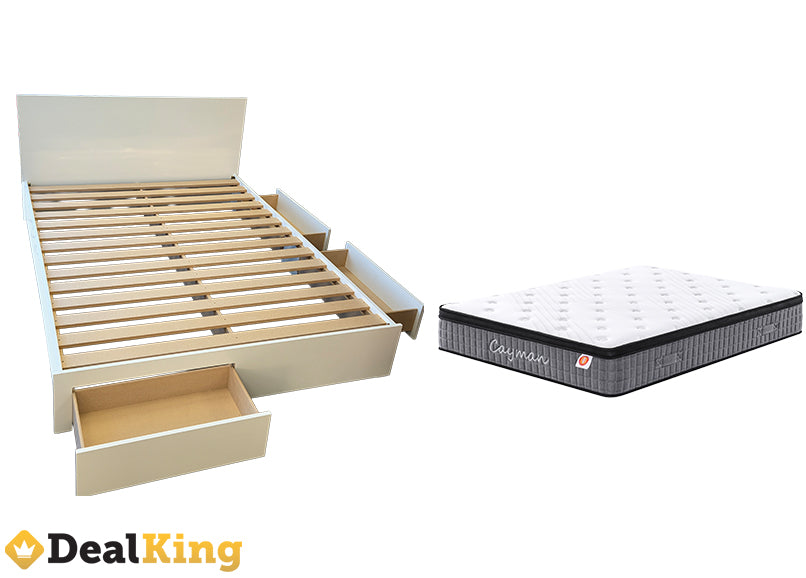 WHITE 3 DRAWER NZ MADE QUEEN BED & POCKET SPRING MATTRESS