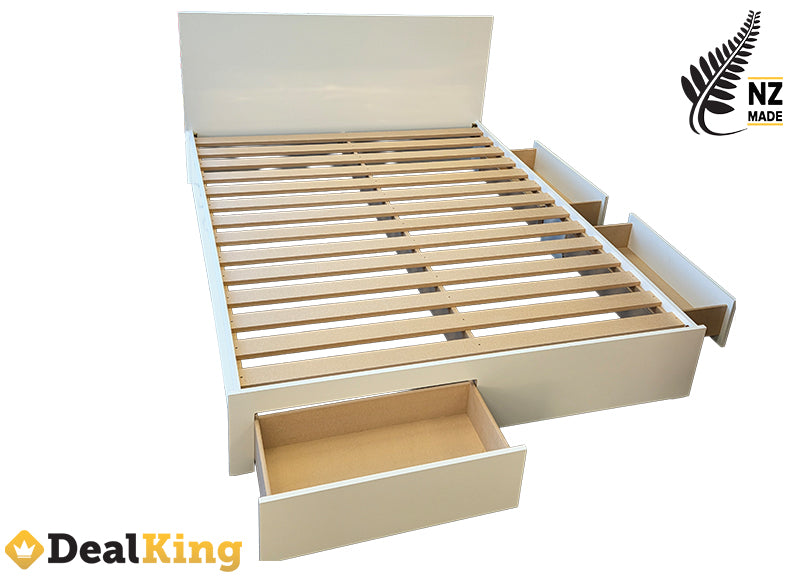 WHITE 3 DRAWER NZ MADE QUEEN SLAT BED
