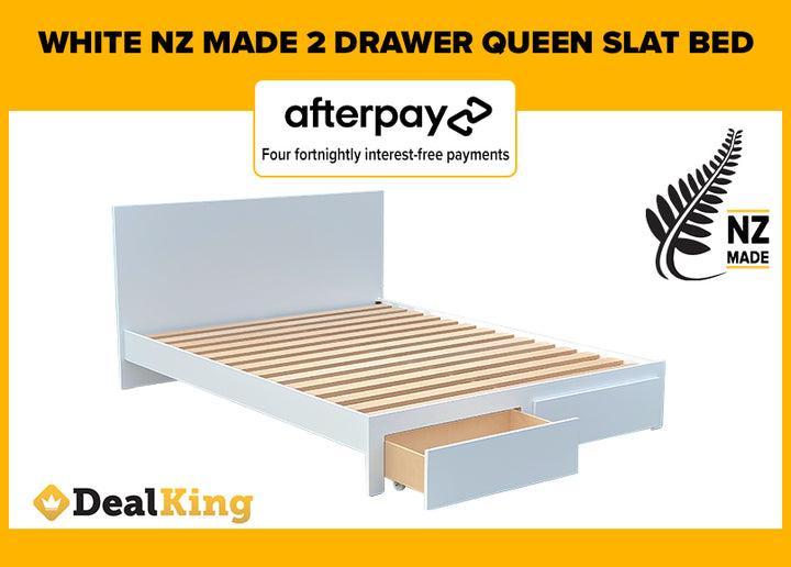 WHITE 2 DRAWER NZ MADE QUEEN SLAT BED