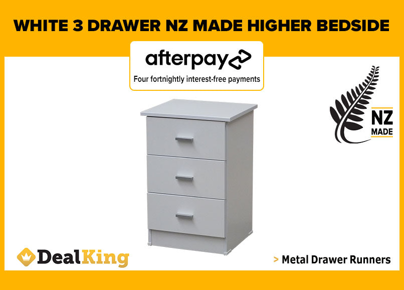 3 DRAWER FULLY ASSEMBLED NZ MADE HIGHER BEDSIDE WHITE