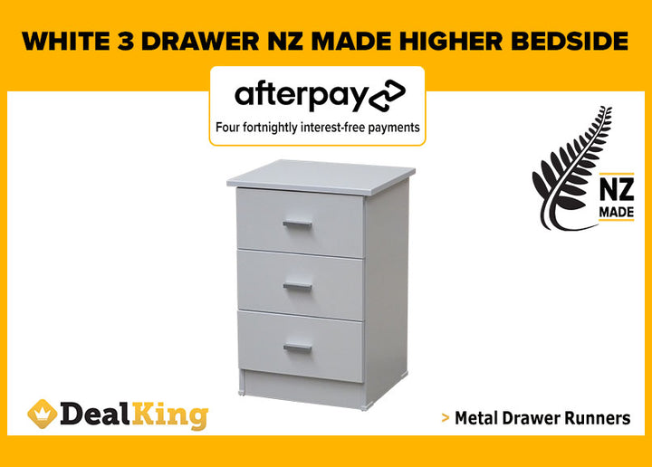 3 DRAWER NZ MADE HIGHER BEDSIDE WHITE