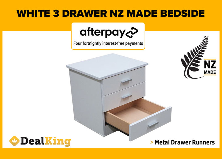 3 DRAWER FULLY ASSEMBLED NZ MADE BEDSIDE WHITE