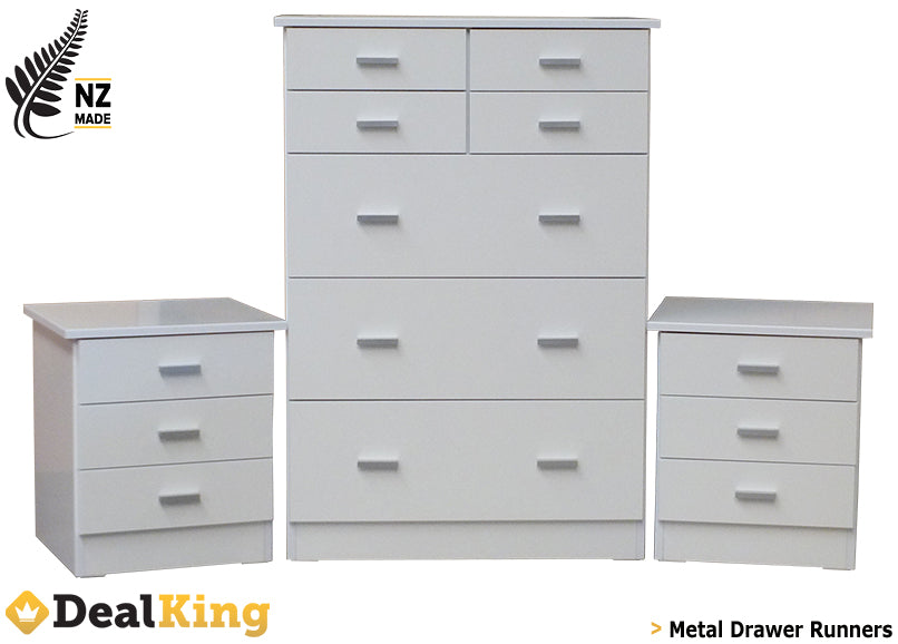 NZ MADE FULLY ASSEMBLED 3PC BEDROOM SUITE WHITE