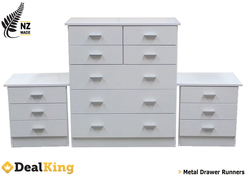 3PC FULLY ASSEMBLED NZ MADE BEDROOM SUITE WHITE