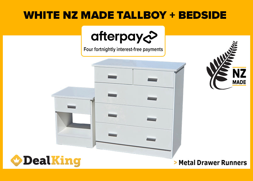 WHITE NZ MADE FULLY ASSEMBLED TALLBOY + BEDSIDE