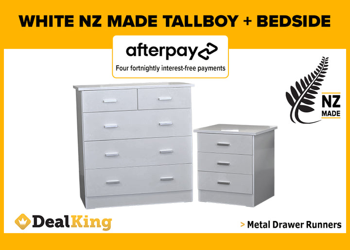WHITE NZ MADE FULLY ASSEMBLED TALLBOY + BEDSIDE