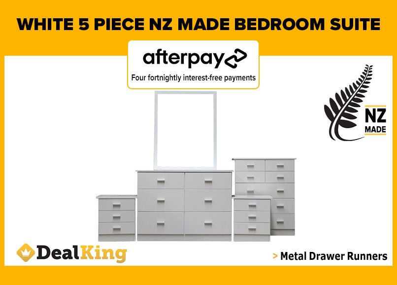 5PC FULLY ASSEMBLED NZ MADE BEDROOM SUITE WHITE