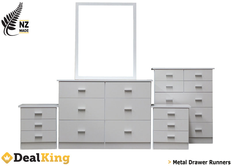 5PC FULLY ASSEMBLED NZ MADE BEDROOM SUITE WHITE