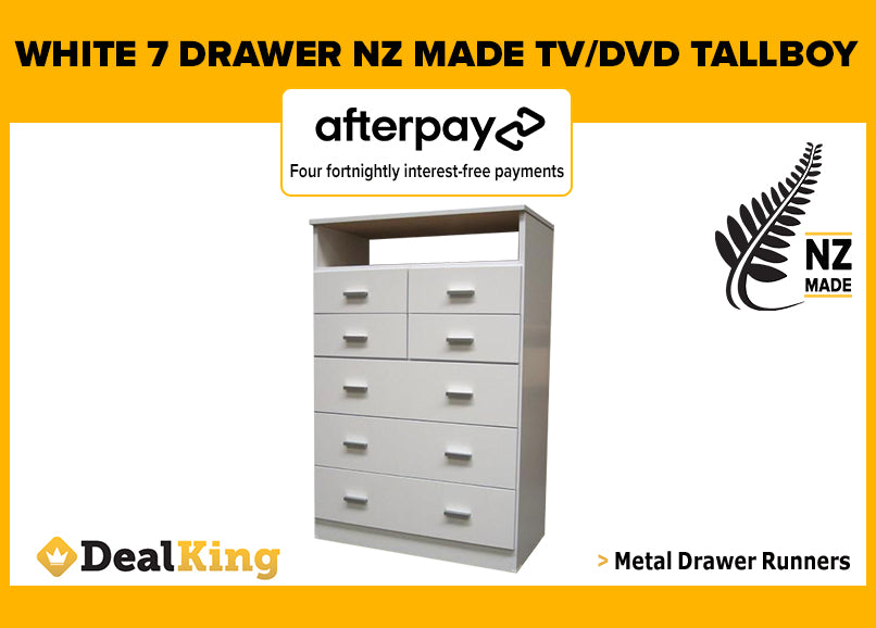 7 DRAWER FULLY ASSEMBLED TV/DVD NZ MADE TALLBOY WHITE