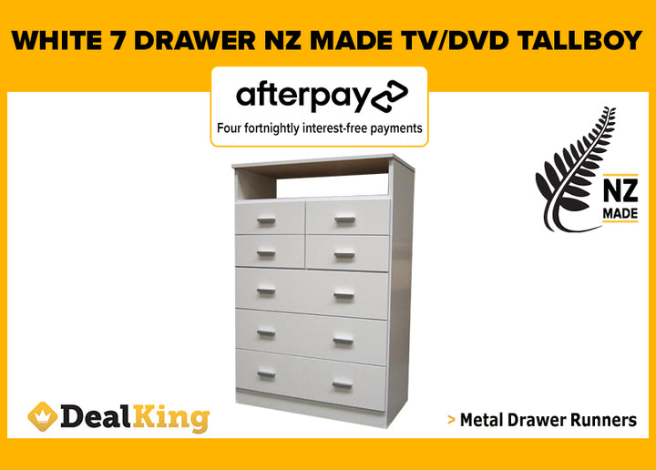 7 DRAWER FULLY ASSEMBLED TV/DVD NZ MADE TALLBOY WHITE