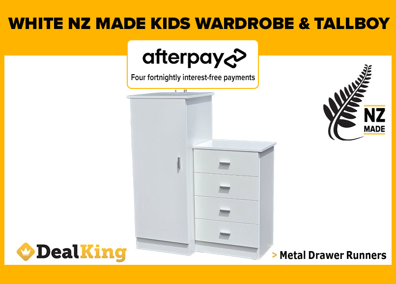 WHITE FULLY ASSEMBLED NZ MADE KIDS WARDROBE & TALLBOY