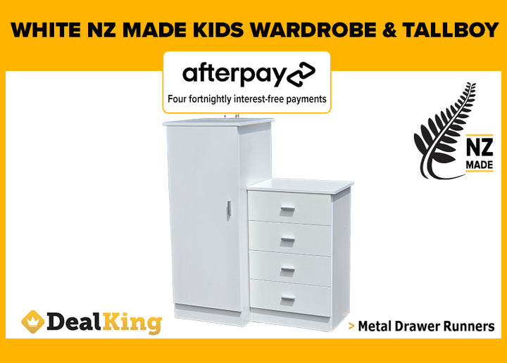 WHITE FULLY ASSEMBLED NZ MADE KIDS WARDROBE & TALLBOY