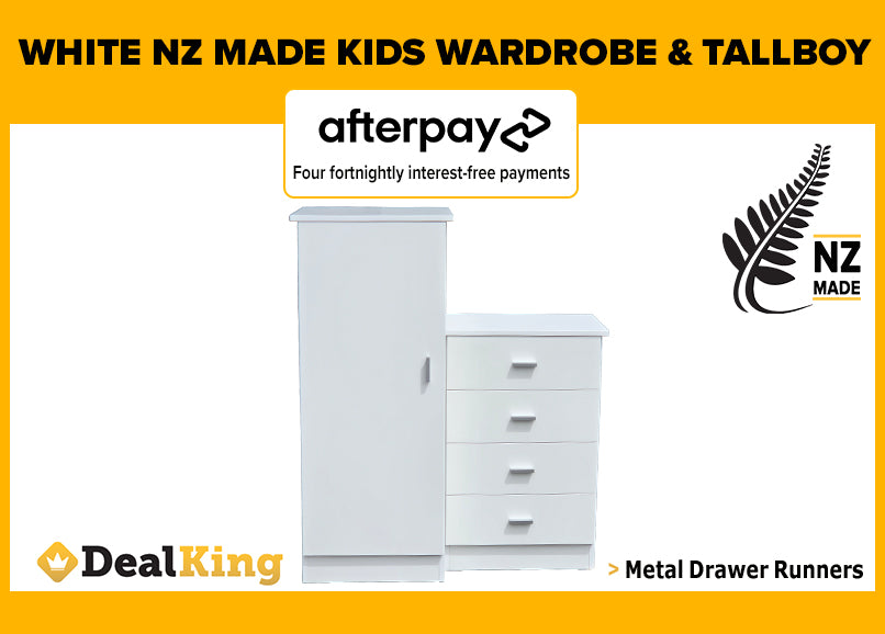 WHITE FULLY ASSEMBLED NZ MADE KIDS WARDROBE & TALLBOY