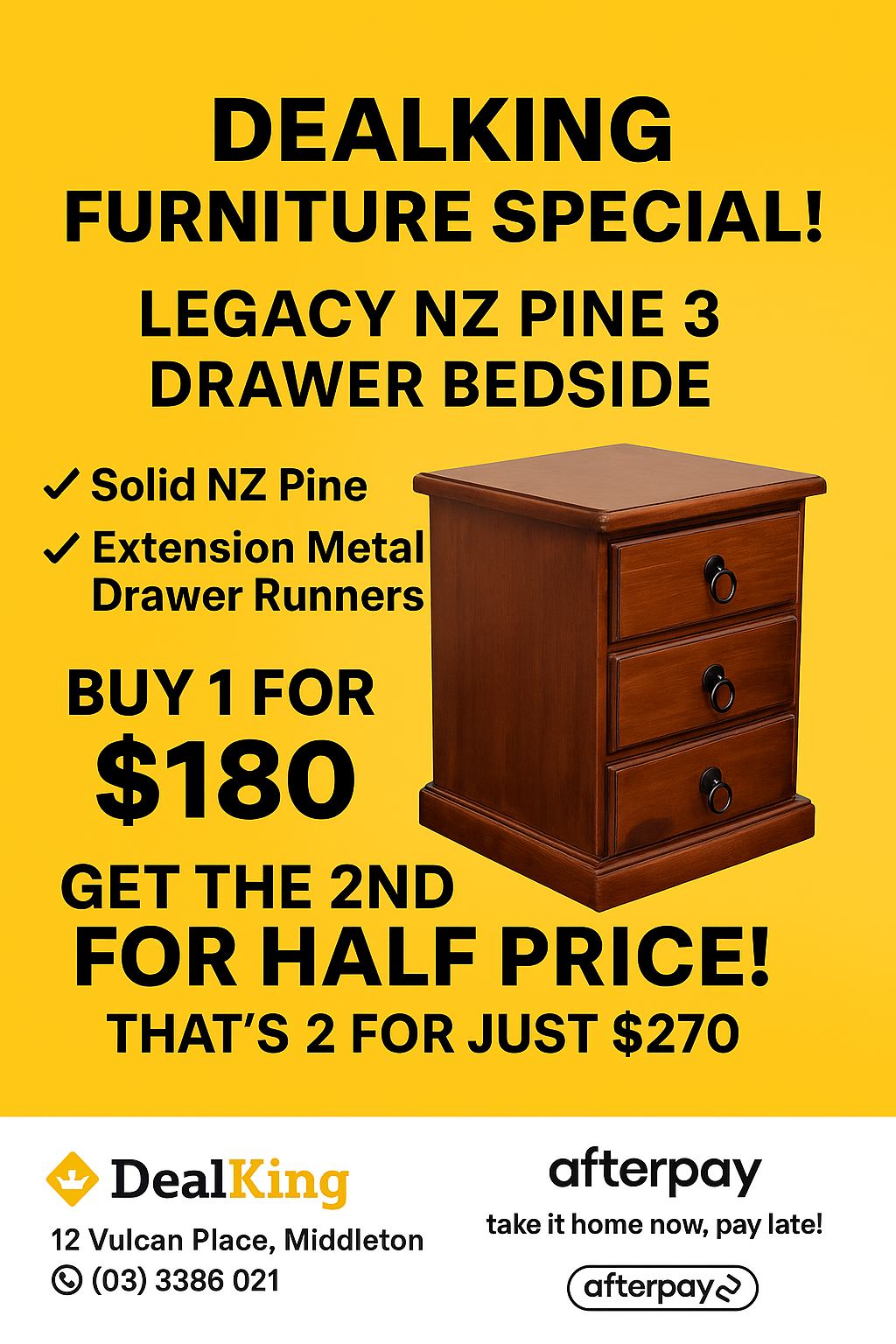 2X LEGACY NZ PINE 3 DRAWER BEDSIDES