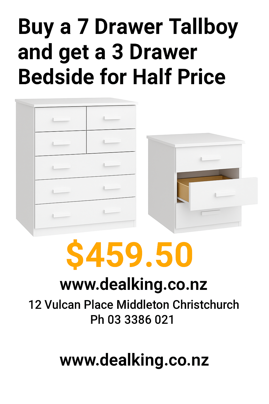 WHITE NZ MADE FULLY ASSEMBLED TALLBOY + BEDSIDE