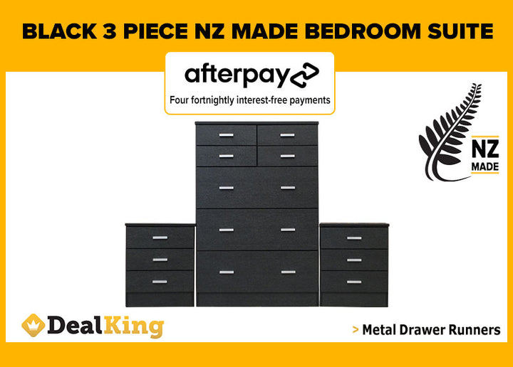 NZ MADE FULLY ASSEMBLED 3PC BEDROOM SUITE BLACK